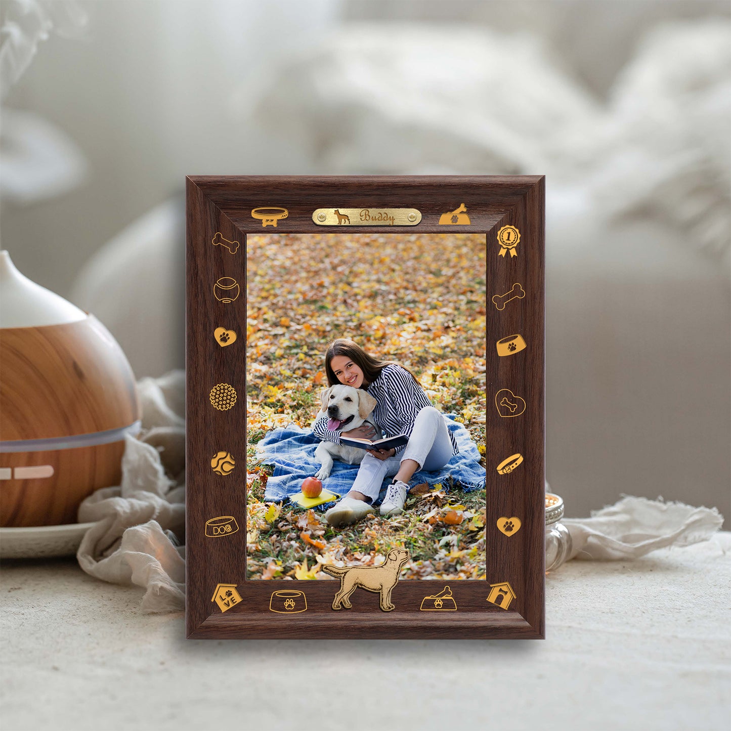 Decoration For Photo Frame Dotride Custom Picture Frame, Wood Photo Frame with Custom Wooden Carving, Can be engraved with any text you want, suitable for Suitable for Various Themes, Golden Retriever
