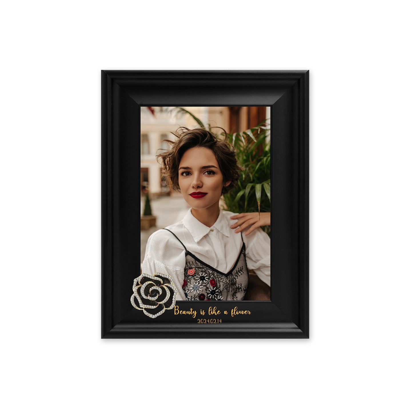 Dotride Custom Picture Frame, Wood Photo Frame with Custom Wooden Carving, Can be engraved with any text you want, suitable for Suitable for Various Themes, Black Flower
