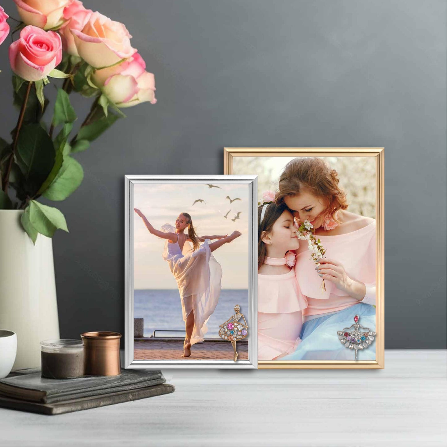 Dancing Girl Picture Frame Photo Frame Embellished Gift for Wall and Tabletop Display (5x7 Golden, and 4x6, Silver)