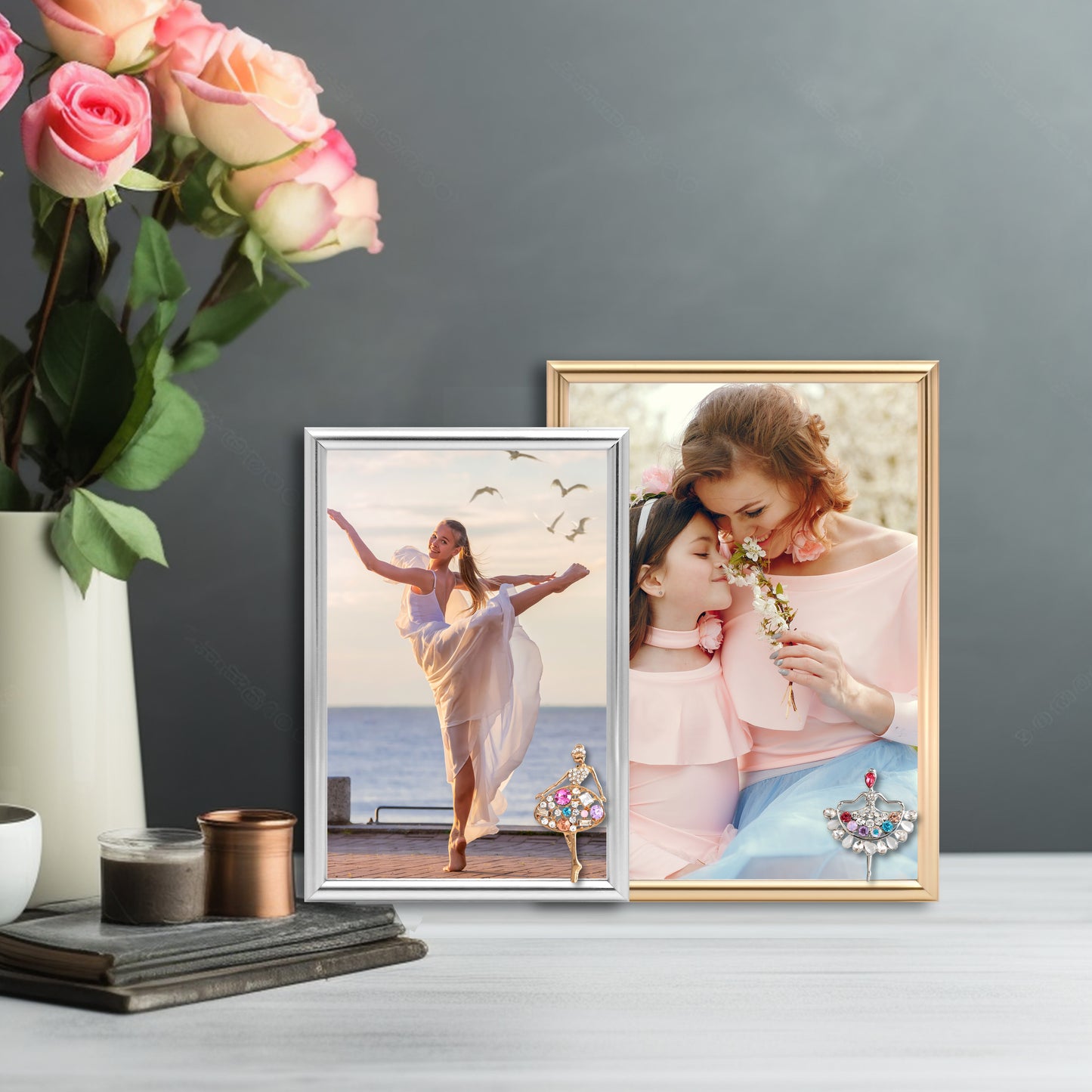 Women's Day Decorative Photo Frames Mother's Day Decorative Photo Frames Dotride 5x7 & 4x6 Picture Frames with Decorations 2 Pack, Metal Photo Frame with Detachable Dancing Girl Ornaments for Wall and Tabletop Display