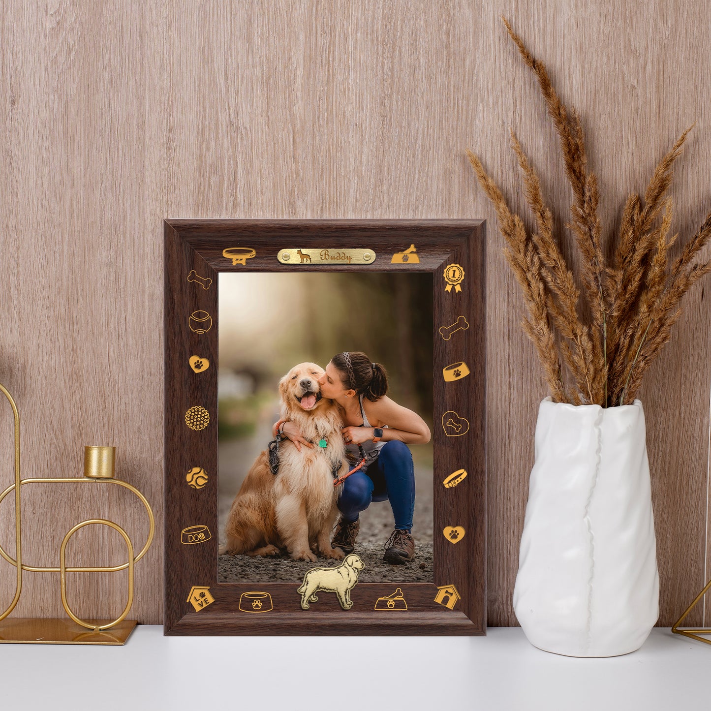 Photo Frames Decorative Dotride Custom Picture Frame, Wood Photo Frame with Custom Wooden Carving, Can be engraved with any text you want, suitable for Suitable for Various Themes, Golden Retriever