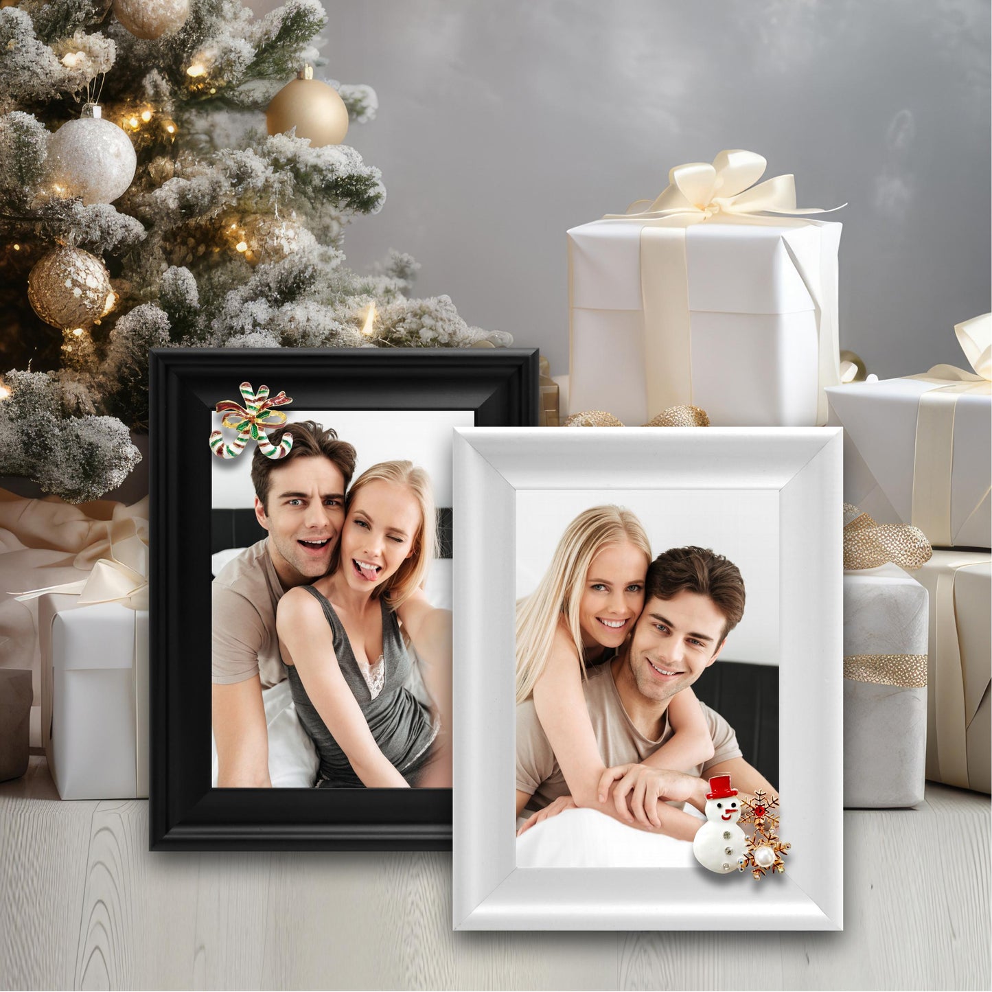 Christmas Picture Frame Photo Frame Embellished Gift for Wall and Tabletop Display (5x7 and 5x7, Black and White)