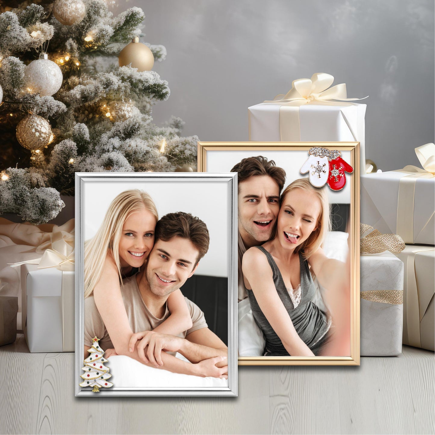 Christmas Picture Frame Photo Frame Embellished Gift for Wall and Tabletop Display (5x7 and 5x7, Golden and Silver)