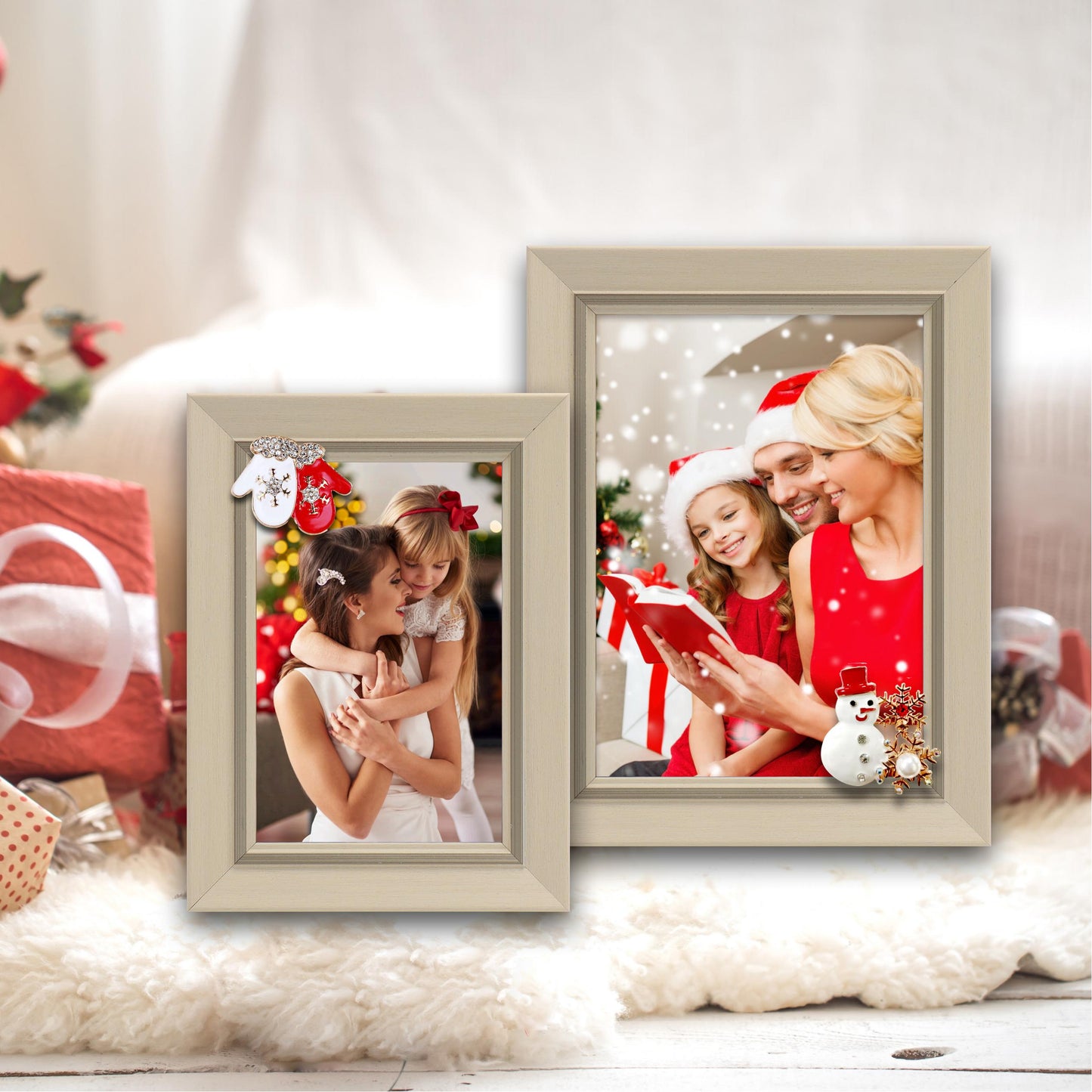 Christmas Picture Frame Photo Frame Embellished Gift for Wall and Tabletop Display (5x7 and 4x6, Beige)