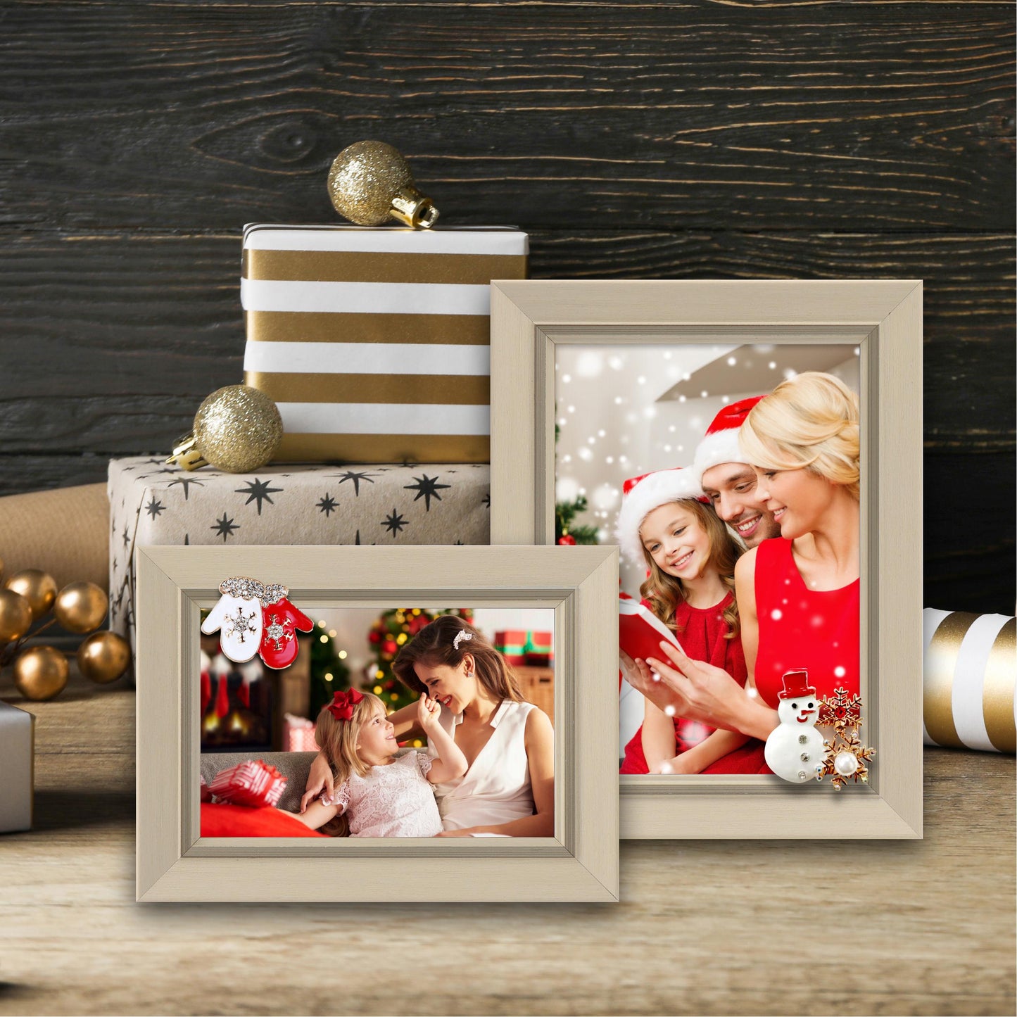 Christmas Picture Frame Photo Frame Embellished Gift for Wall and Tabletop Display (5x7 and 4x6, Beige)