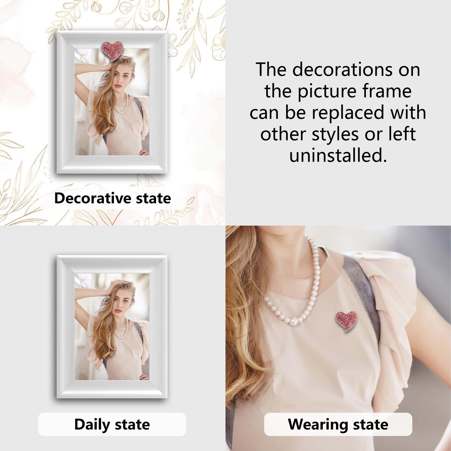 Dotride 5x7 Picture Frames with a Heart Decoration, Wooden Photo Frame with a Detachable Heart Ornament for Wall and Tabletop Display, Fit for Women Lovers Photos, White