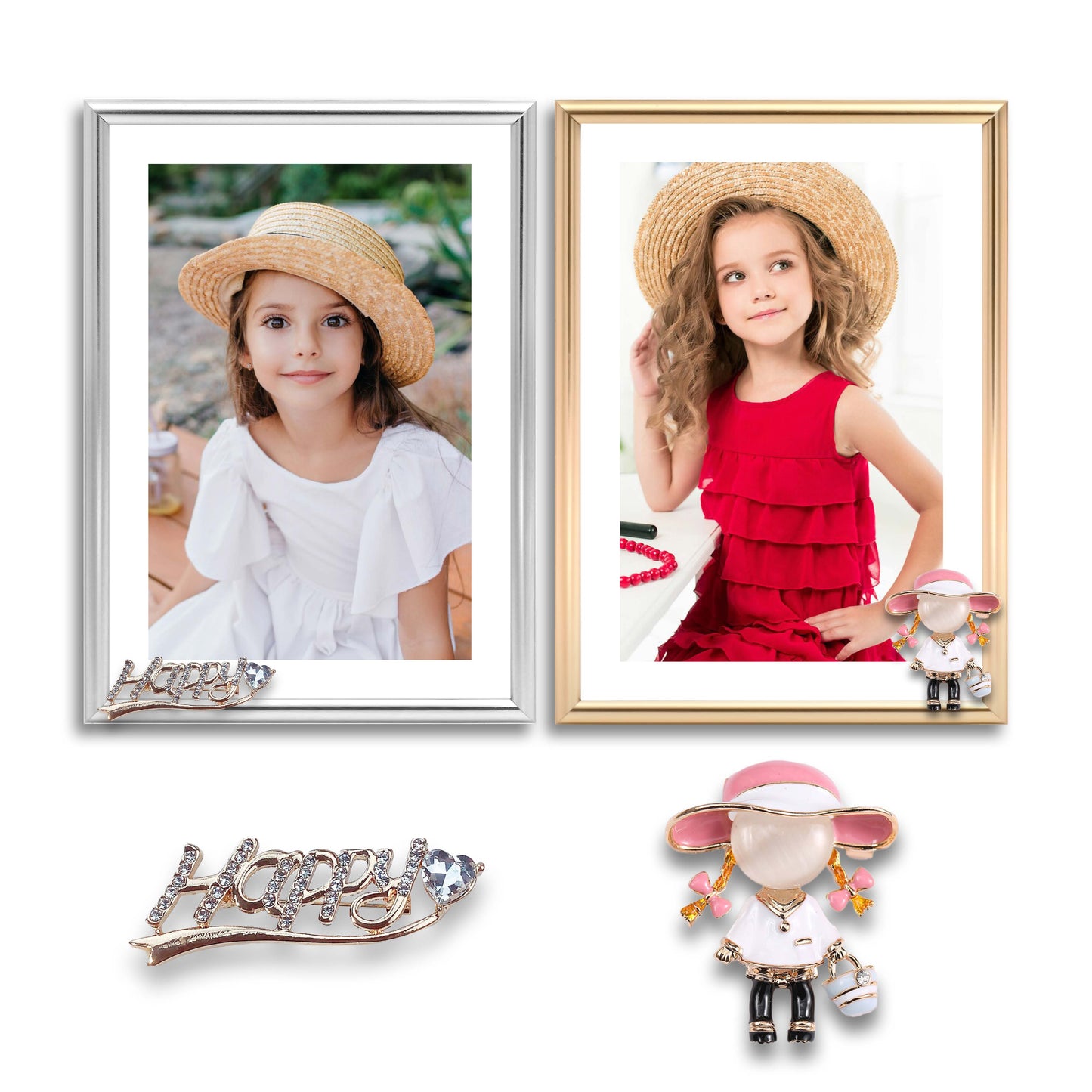 Dotride 5x7 Metal Picture Frames with Glass Panel 2 Pack, Tabletop Photo Frame with Detachable Happy and Little Girl Ornaments for Daily Family Photos, Gold and Silver