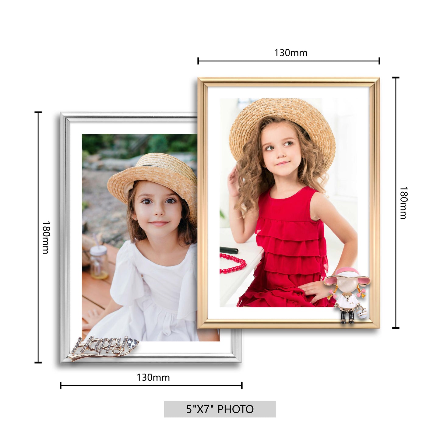 Dotride 5x7 Metal Picture Frames with Glass Panel 2 Pack, Tabletop Photo Frame with Detachable Happy and Little Girl Ornaments for Daily Family Photos, Gold and Silver