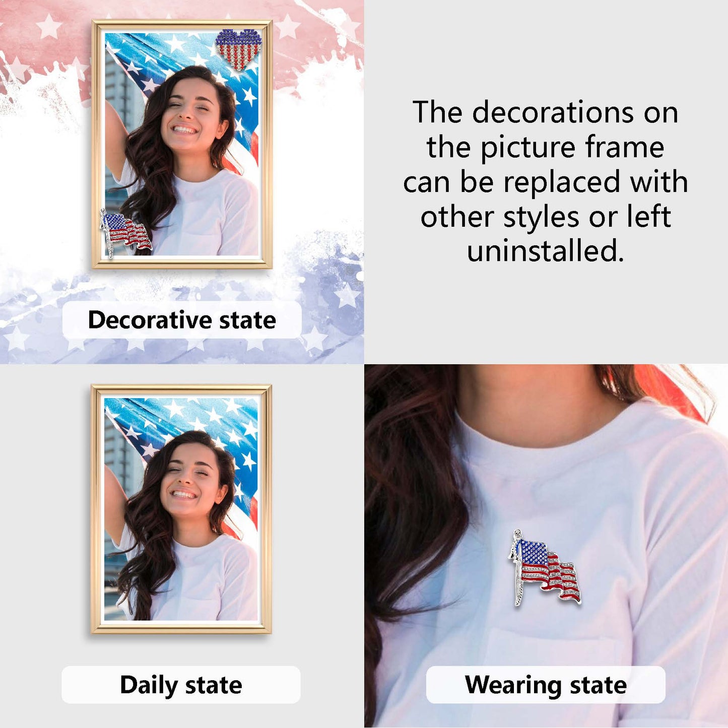 Dotride 5x7 Metal Picture Frames with Glass Panel 2 Pack, Tabletop Photo Frame with Detachable American Flag Ornaments, Perfect for Independence Day Commemoration, Gold and Silver