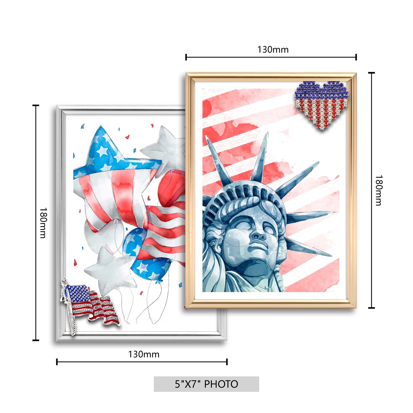 Dotride 5x7 Metal Picture Frames with Glass Panel 2 Pack, Tabletop Photo Frame with Detachable American Flag Ornaments, Perfect for Independence Day Commemoration, Gold and Silver