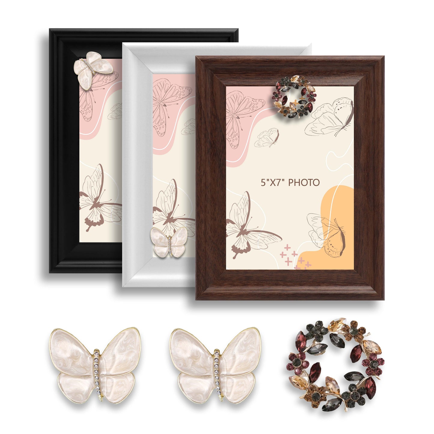 Dotride 5x7 Picture Frames with Decorations 3 Pack, Photo Frame with Detachable Butterflies and Wreaths Ornaments for Wall and Tabletop Display, Wooden Phoframe with Clear Plexiglass, Black White & Brown