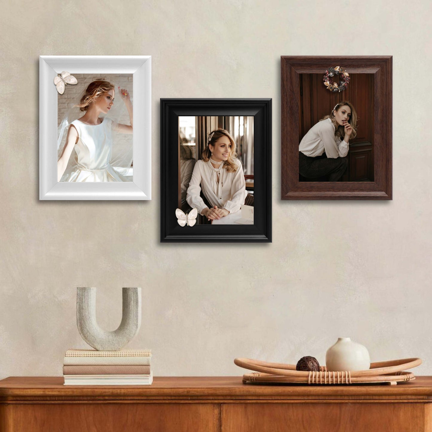 Dotride 5x7 Picture Frames with Decorations 3 Pack, Photo Frame with Detachable Butterflies and Wreaths Ornaments for Wall and Tabletop Display, Wooden Phoframe with Clear Plexiglass, Black White & Brown