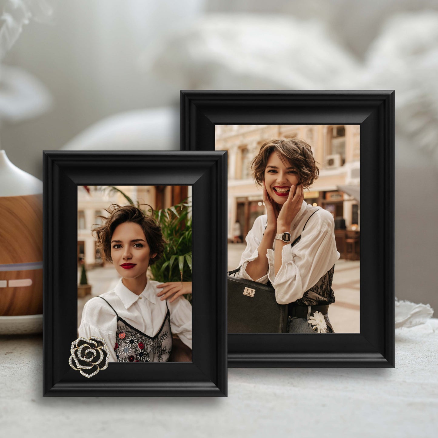 Dotride 5x7 & 4x6 Picture Frame with a Decoration 2 Pack, Photo Frame with a Detachable Flowers Ornament for Wall and Tabletop Display, Wood Phoframe with Acrylic Panel, Black