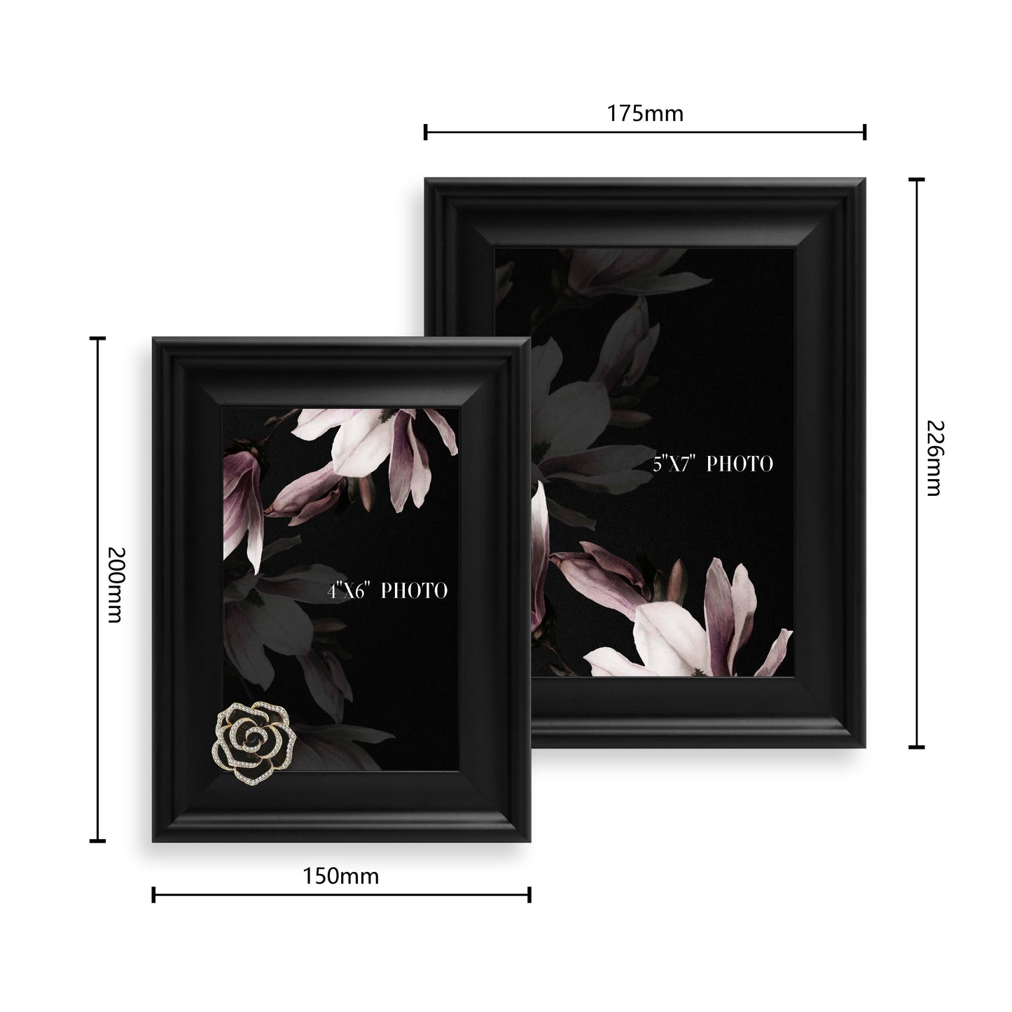 Dotride 5x7 & 4x6 Picture Frame with a Decoration 2 Pack, Photo Frame with a Detachable Flowers Ornament for Wall and Tabletop Display, Wood Phoframe with Acrylic Panel, Black
