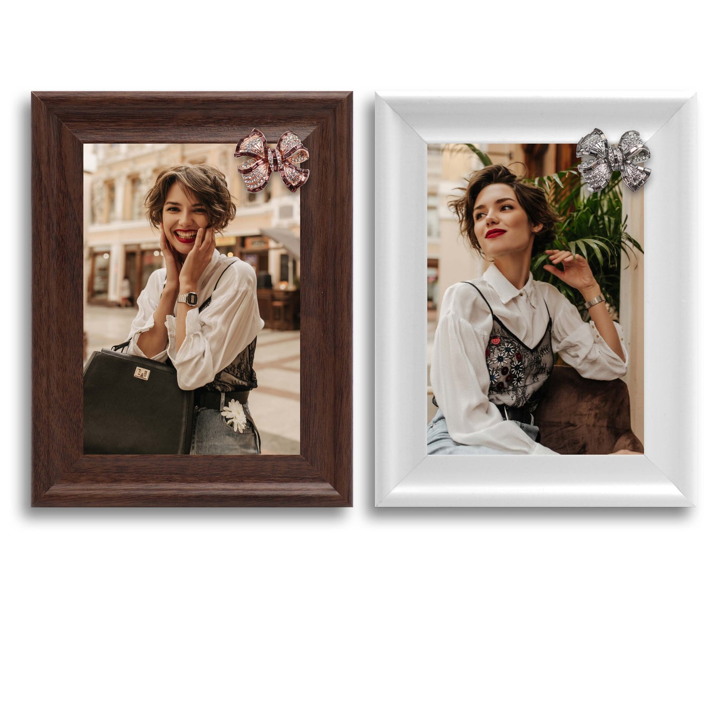 Dotride 5x7 Picture Frames with Decorations 2 Pack, Photo Frame with Detachable Bow Ornaments for Wall and Tabletop Display, Wooden Phoframe with Clear Plexiglass, White and Brown