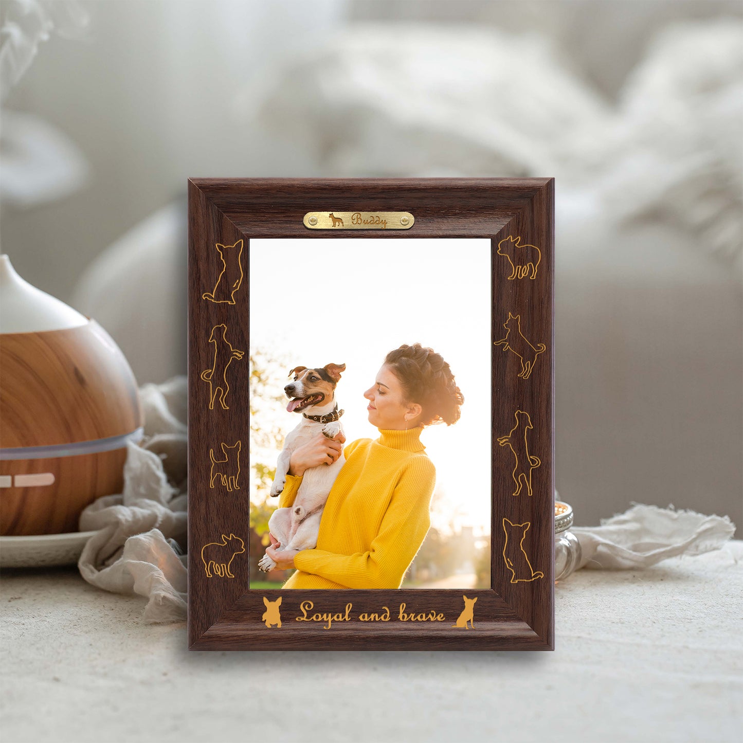 Photo Frame Wall Decor Dotride Custom Picture Frame, Wood Photo Frame with Custom Wooden Carving, Can be engraved with any text you want, suitable for Suitable for Various Themes, Puppy