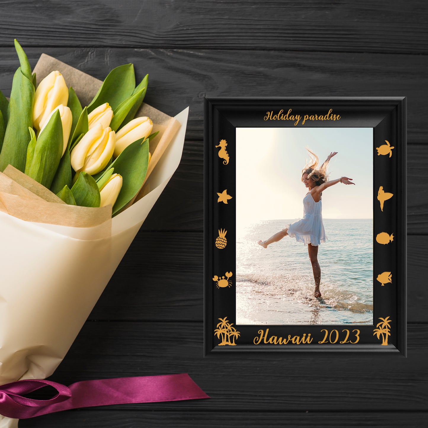 Photo Frame Decoration Dotride Custom Picture Frame, Wood Photo Frame with Custom Wooden Carving, Can be engraved with any text you want, suitable for Suitable for Various Themes, Summer Black