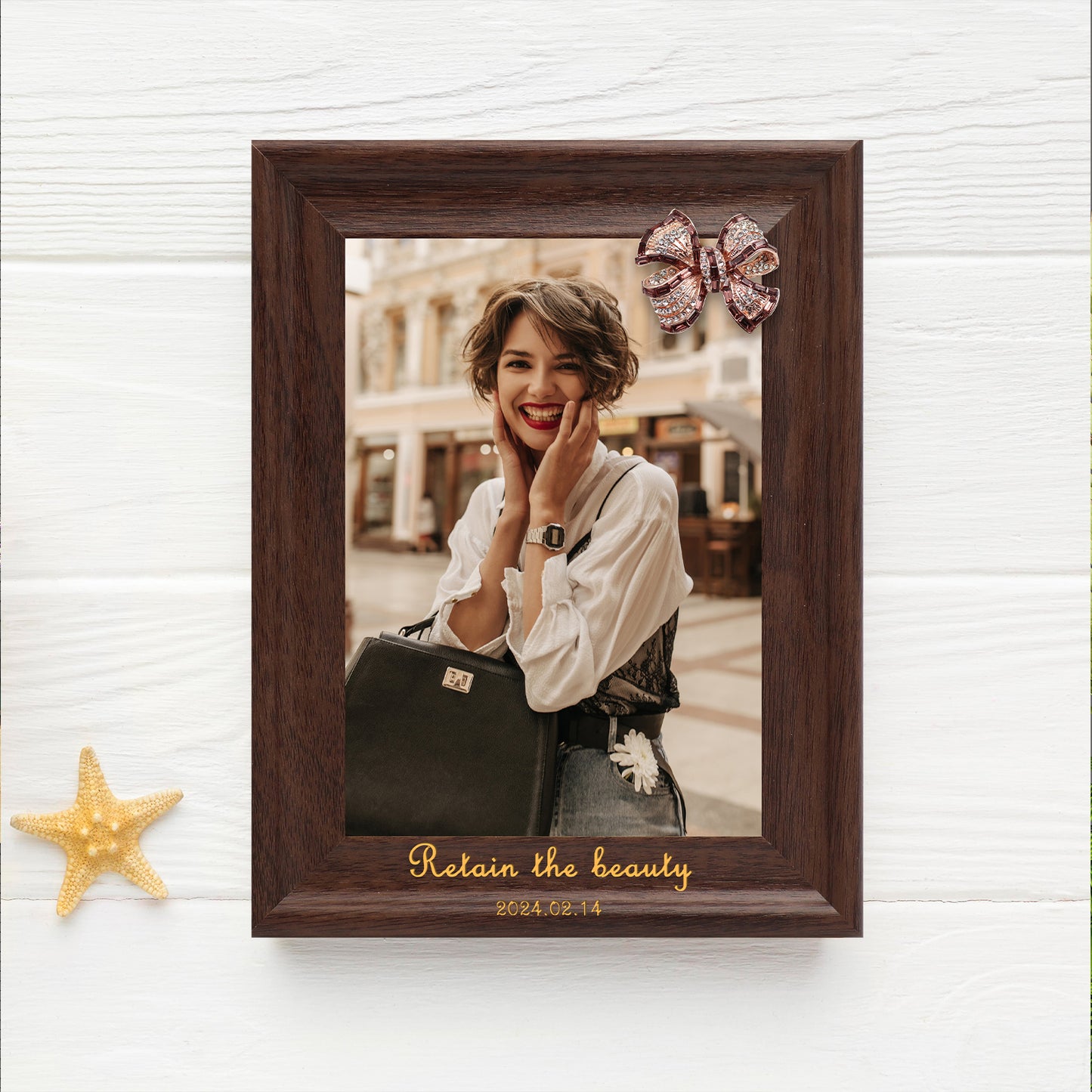Decoration Photo Frame Dotride Custom Picture Frame, Wood Photo Frame with Custom Wooden Carving, Can be engraved with any text you want, suitable for Suitable for Various Themes, Bow Brown
