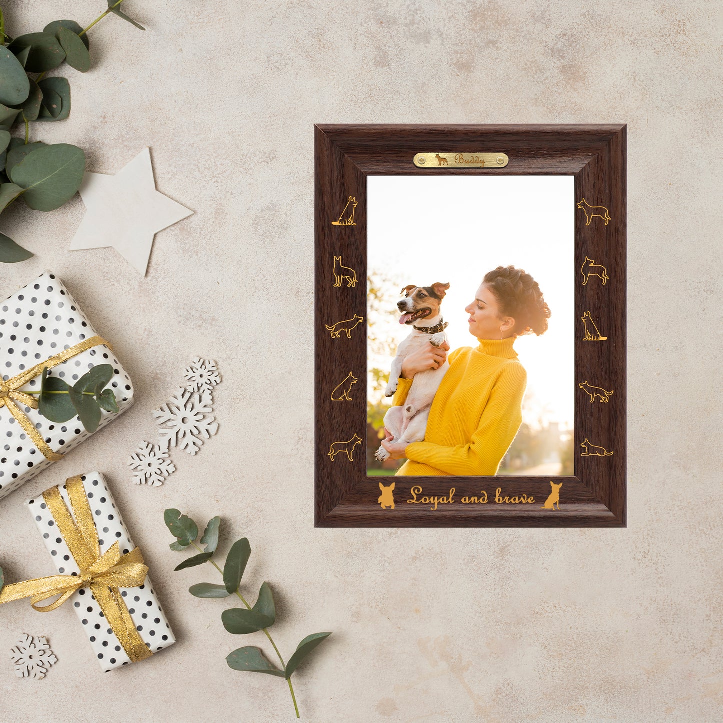 Dotride Custom Picture Frame, Wood Photo Frame with Custom Wooden Carving, Can be engraved with any text you want, suitable for Suitable for Various Themes, Dog