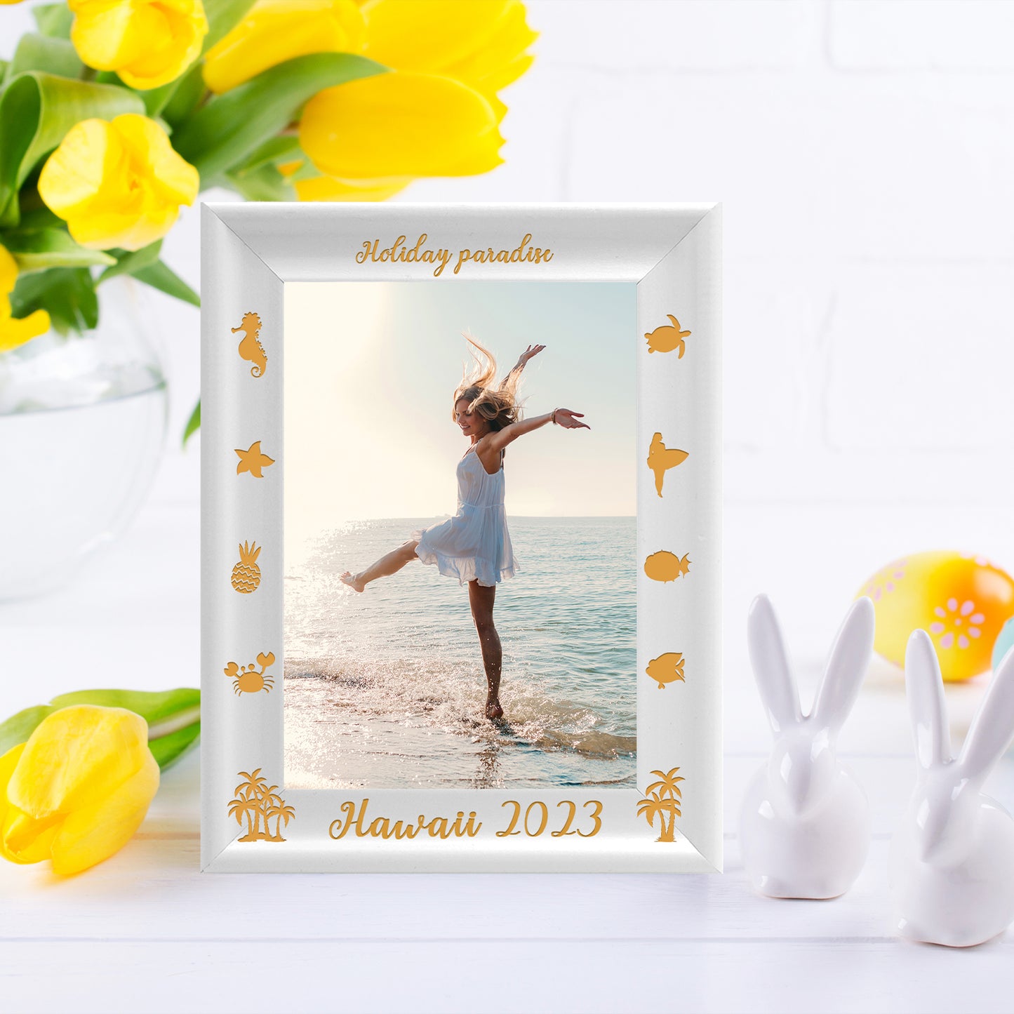 Wall Photo Frame Decoration Dotride Custom Picture Frame, Wood Photo Frame with Custom Wooden Carving, Can be engraved with any text you want, suitable for Suitable for Various Themes, Summer White