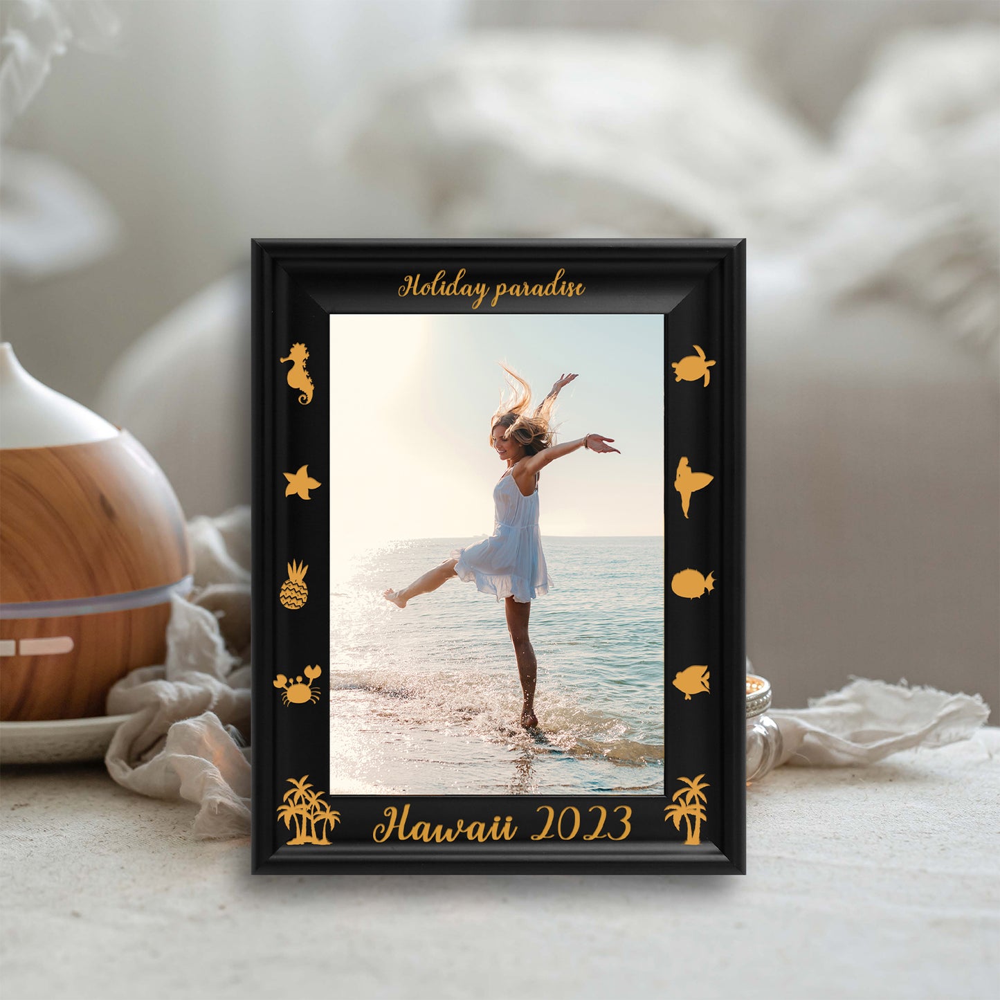 Photo Frame Decoration Dotride Custom Picture Frame, Wood Photo Frame with Custom Wooden Carving, Can be engraved with any text you want, suitable for Suitable for Various Themes, Summer Black
